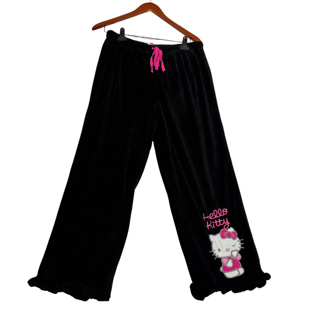 Hello Kitty Sanrio Women's XL Black Plush Pajama Pants Pink Fleece Wide Leg